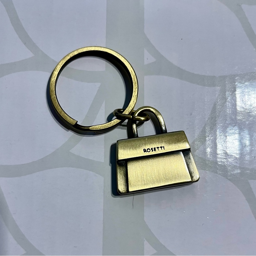 Rosetti Keychain Brass Metal Purse Shaped Keyring Designer Logo Keytag